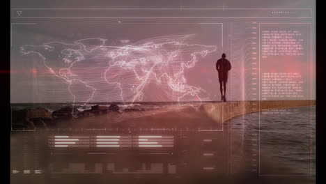 animation of data processing and world map over caucasian man running at beach