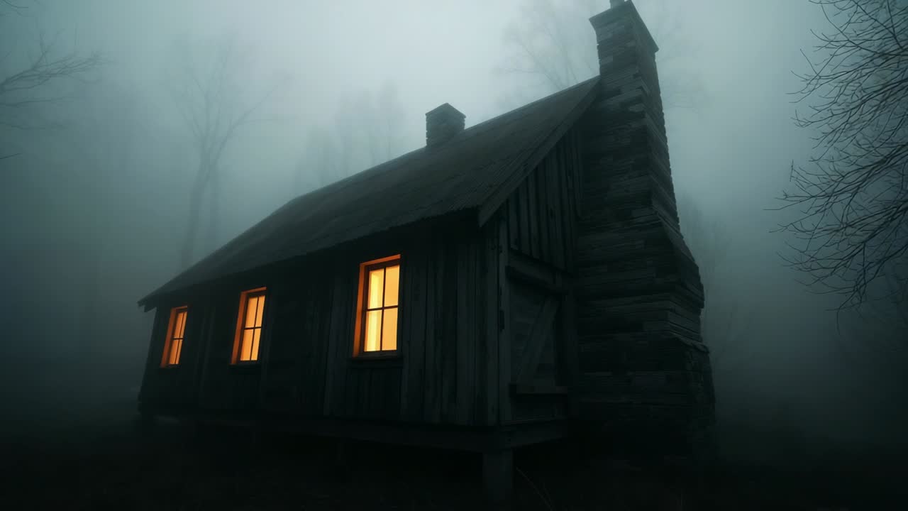 Swirling fog drifting across frame revealing wooden cabin in forest clearing, with glowing windows