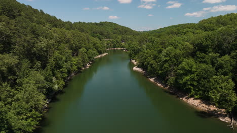 Exuberantes-árboles-Verdes-En-El-Bosque-A-Lo-Largo-Del-Barranco-Hueco-De-Hogscald-En-Beaver-Lake-En-Arkansas,-EE.UU.