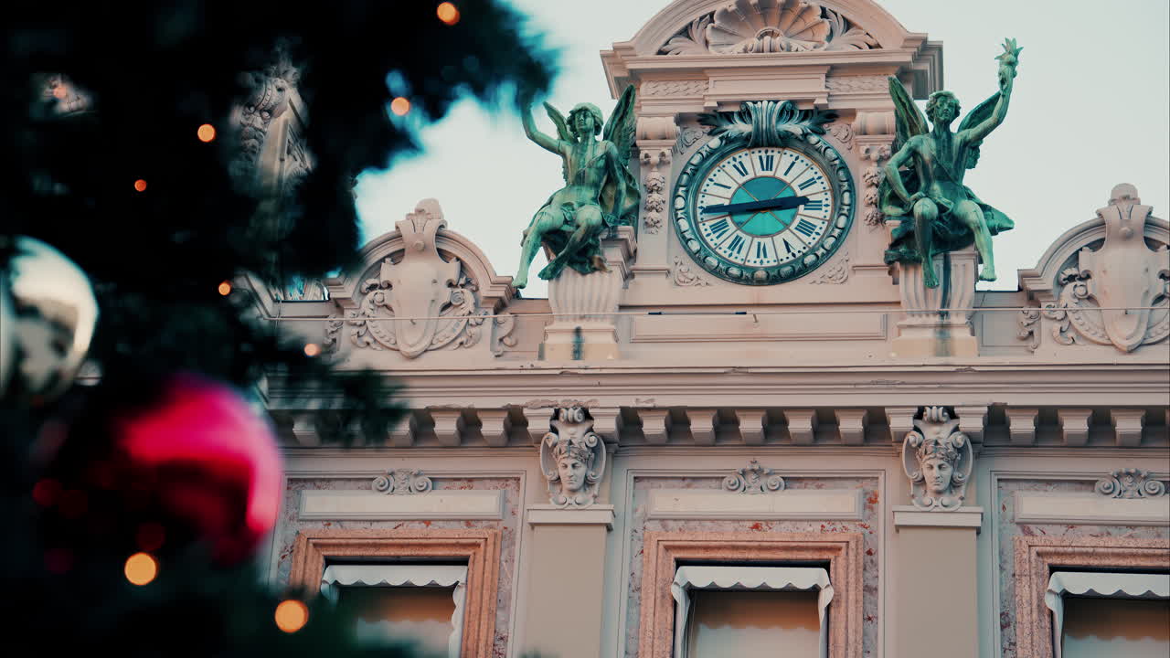 Monte Carlo , Monaco -December 23, 2024: Close up of decorations on a Christmas tree in front of the Monte Carlo Casino