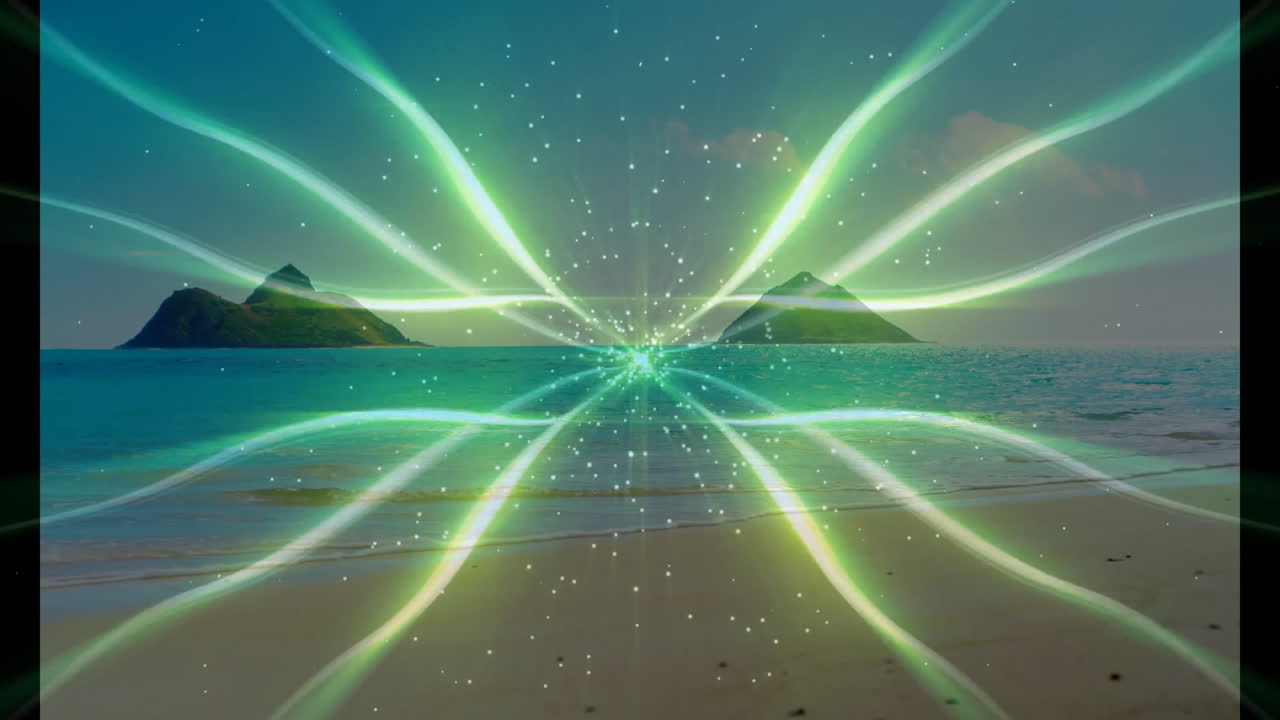 Green light beams and sparkles animation over tropical beach and ocean scene