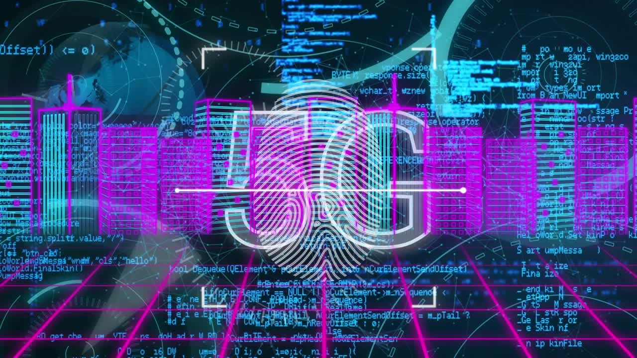 Animação de texto 5G e impressão digital sobre o processamento de informações e dados