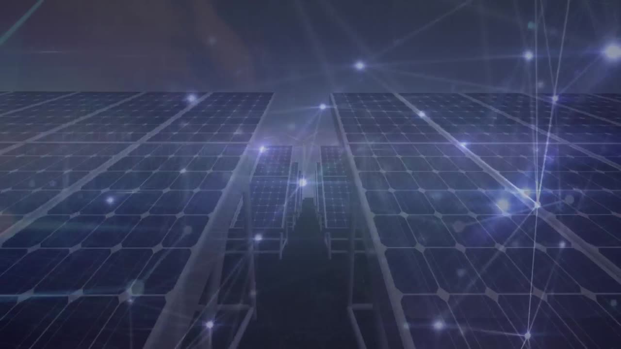 Animation of network of connections and solar panels over solar panels