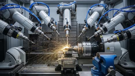 advanced robotics in precision manufacturing: a showcase of high-tech automation with multi-axis robotic arms performing cnc machining processes and generating sparks