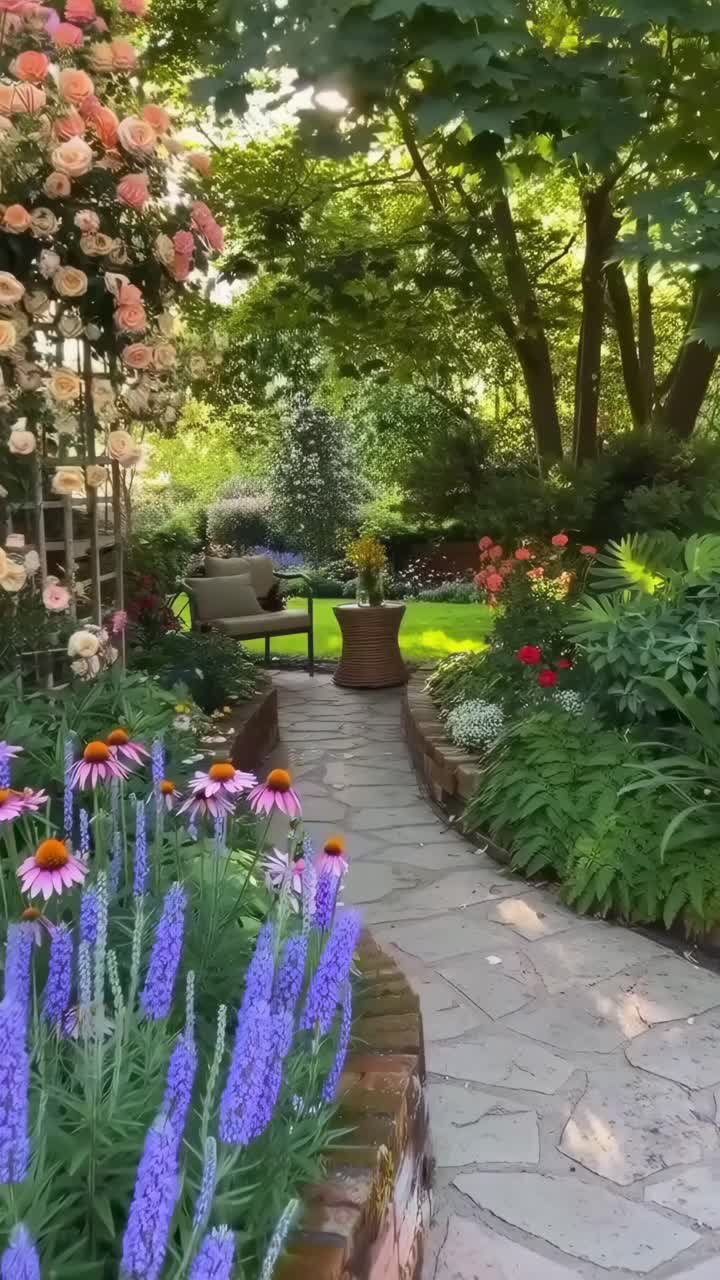 Un sereno sentiero in un giardino con fiori vivaci, catturato da una bassa angolazione, ideale per un video tranquillo