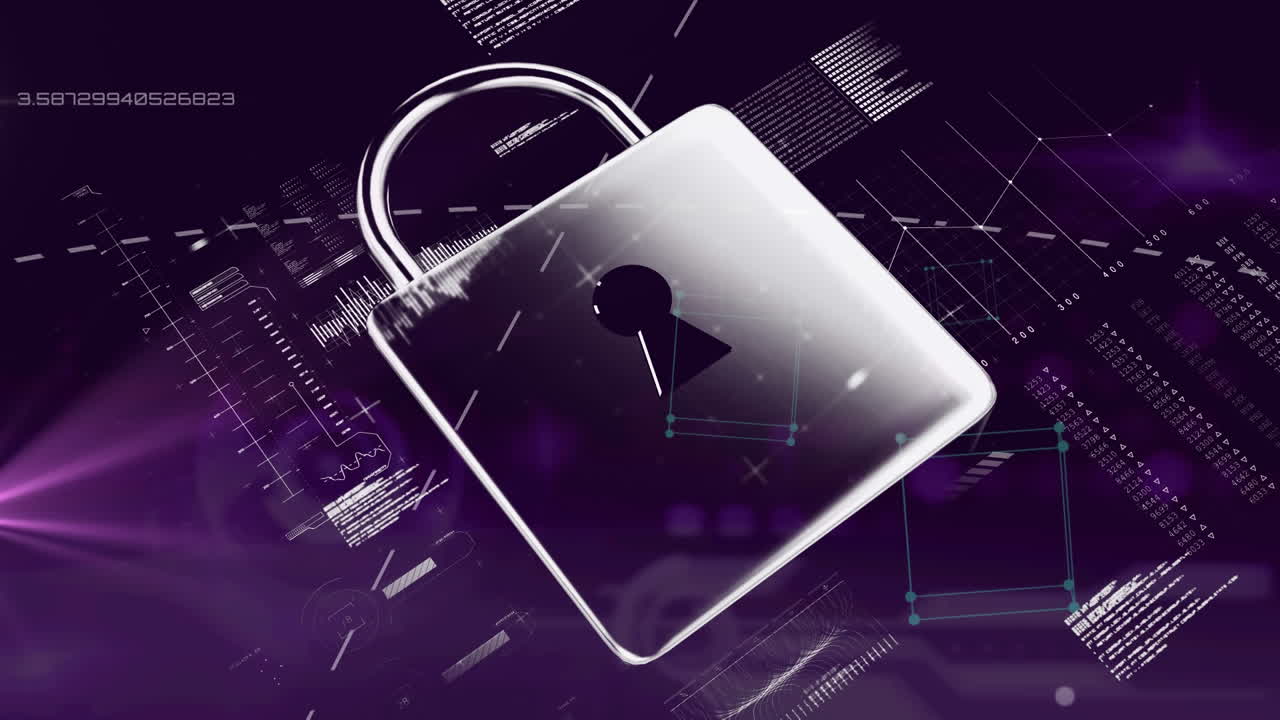 Animation of online security padlock with data processing in background