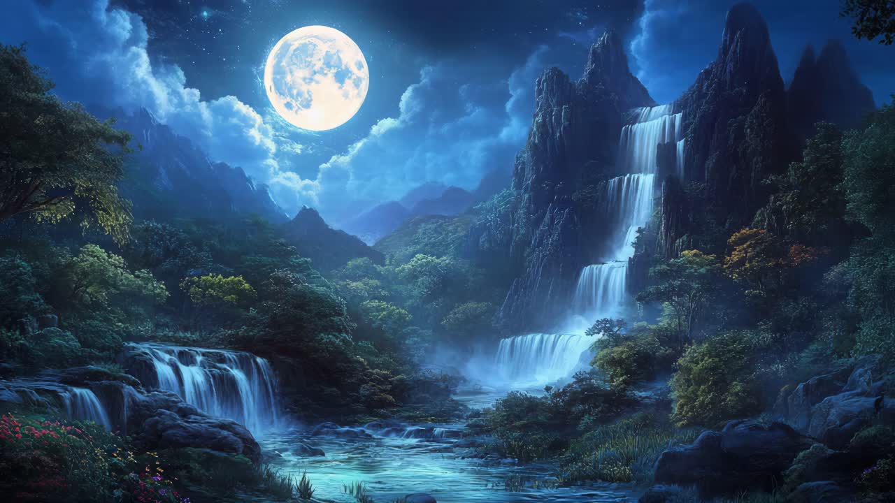 Mystical Moonlight Waterfall in a Lush Jungle
