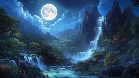 mystical moonlight waterfall in a lush jungle