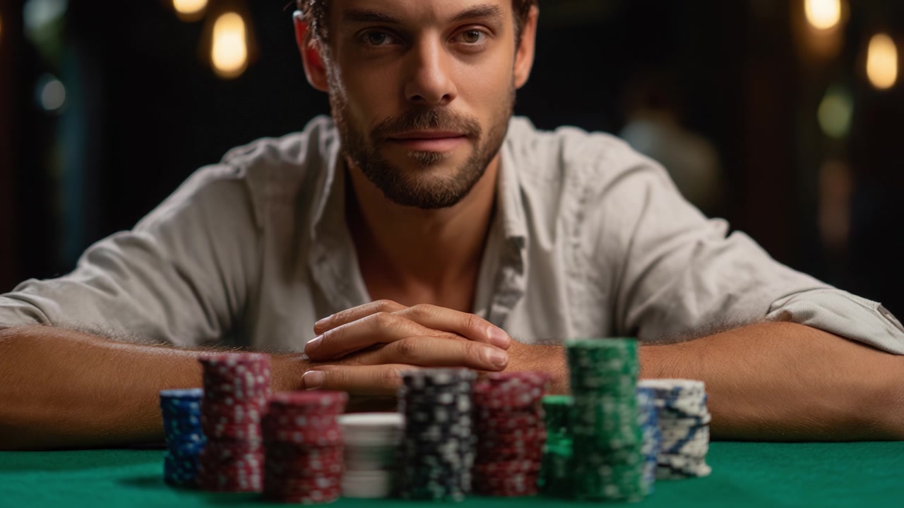 Un giocatore fiducioso al tavolo da poker con le fiches pronte all'azione, che cattura l'eccitazione e la strategia coinvolte nell'atmosfera di gioco d'azzardo ad alto rischio