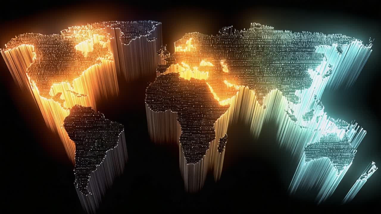 Glowing abstract world map composed of fiber optic light strands, representing global data transfer, communication networks, big data, and a futuristic interconnected planet on a black background