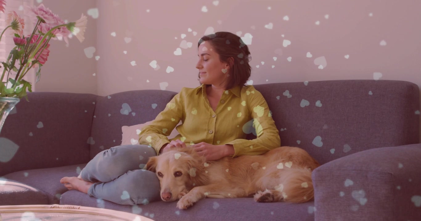 Donna che accarezza un golden retriever sul divano, mentre avvia sovrapposizioni di cuori fluttuanti per migliorare il marketing della cura degli animali domestici.
