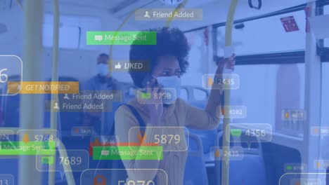 Animation-Von-Social-Media-Benachrichtigungen-über-Eine-Afroamerikanische-Frau,-Die-Im-Bus-über-Mobiltelefon-Spricht