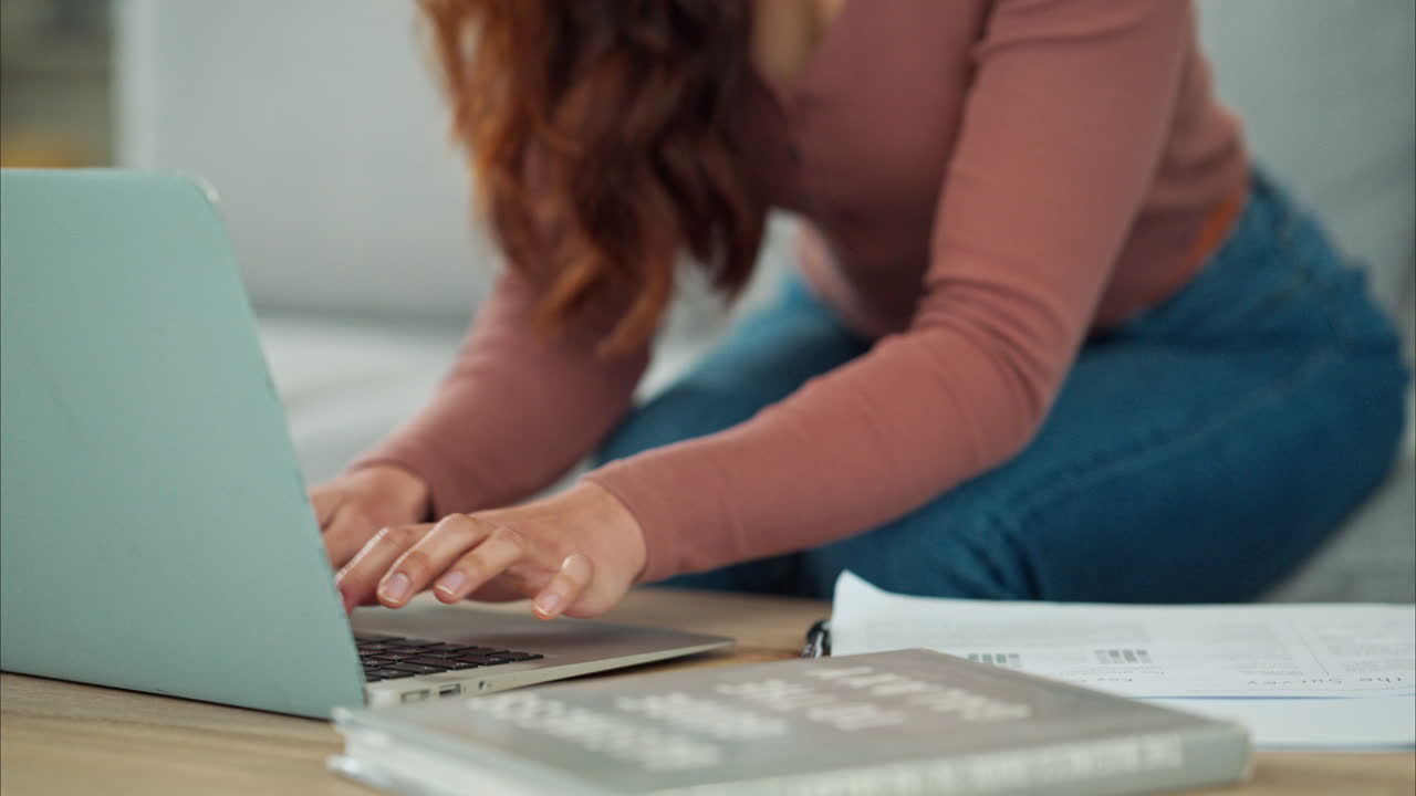 Woman, hands and laptop typing business email