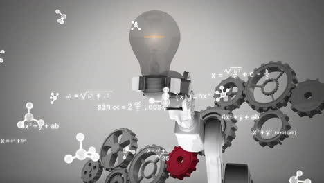 animation of scientific data processing over robot's arm and cogs, lightbulb