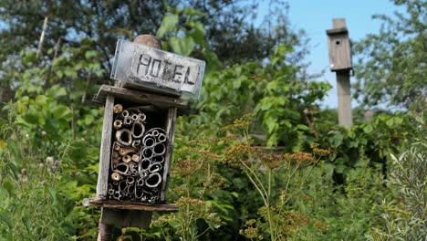 Hotel-De-Insectos-Para-Insectos-En-La-Pradera-Del-Jardín,-Diversidad-De-Ecosistemas.