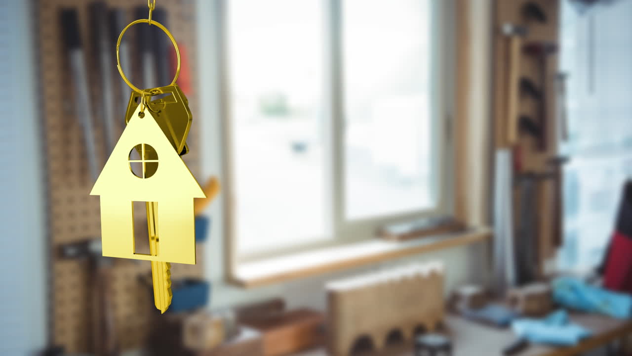 거실 내부 에 걸려 있는 황금색 집 열 의 애니메이션