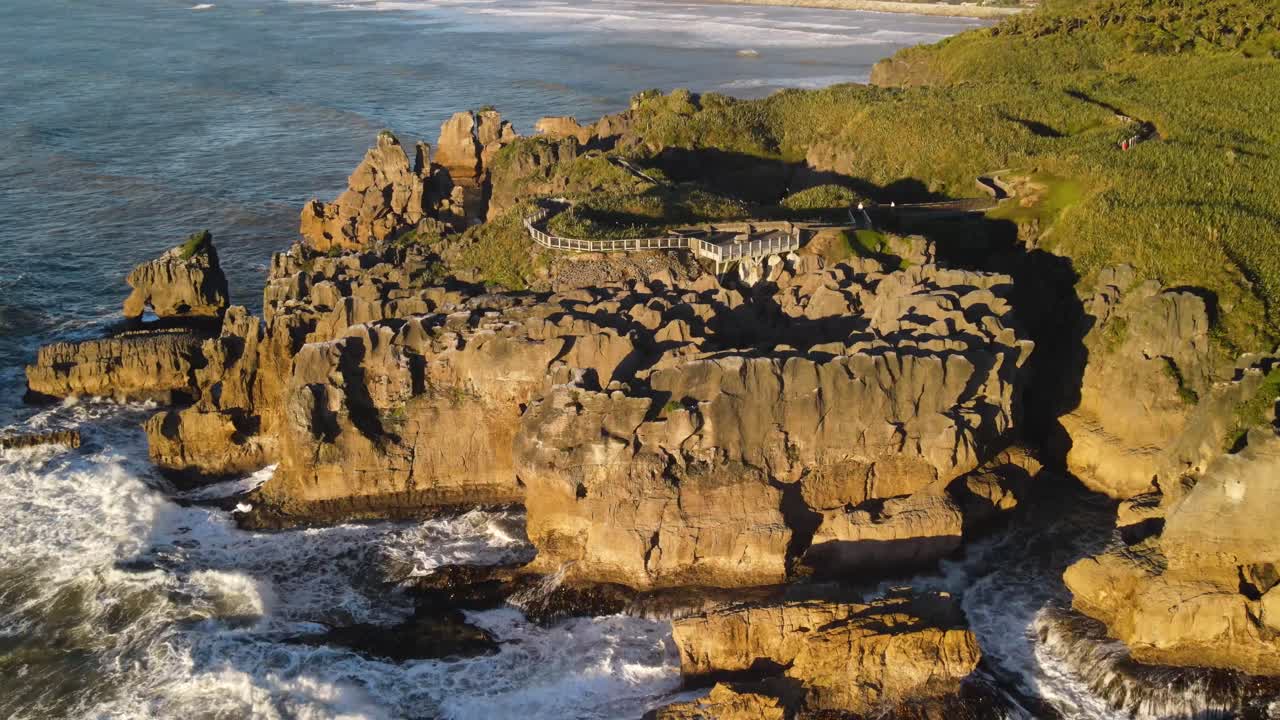 Punakaiki Pancake Rocks travel attraction at Paparoa National Park, New Zealand - aerial drone