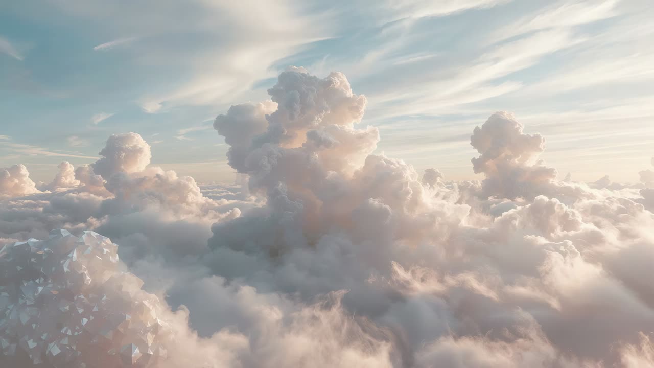 Penutup drone yang menampilkan lipatan lebih halus dari cumulus tengah saat matahari menyinari puncak di atas lapisan awan