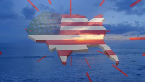 animation von roten streifen und der flagge amerikas usa karte über ozean und himmel