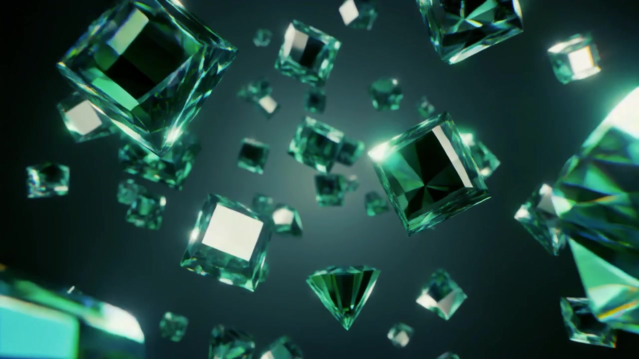 Floating Emerald Green Gemstones in Abstract Motion