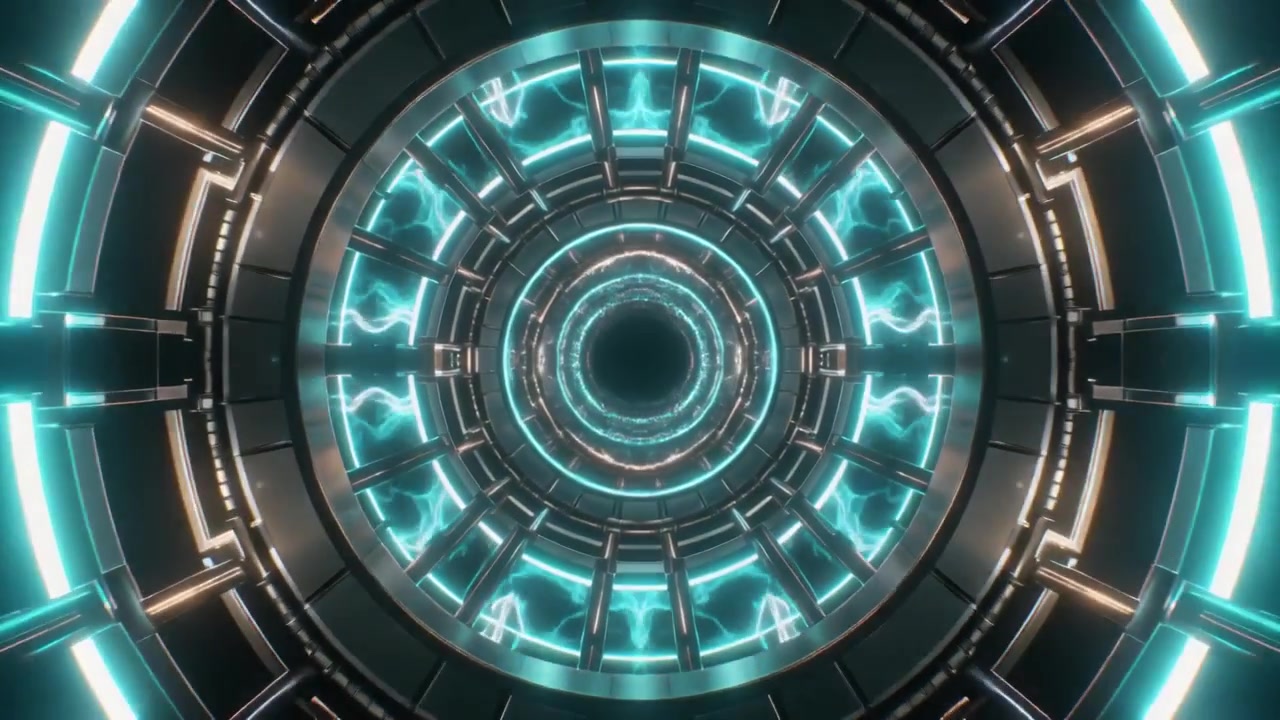 Tunnel circolare futuristico con anelli di energia ciano luminosi