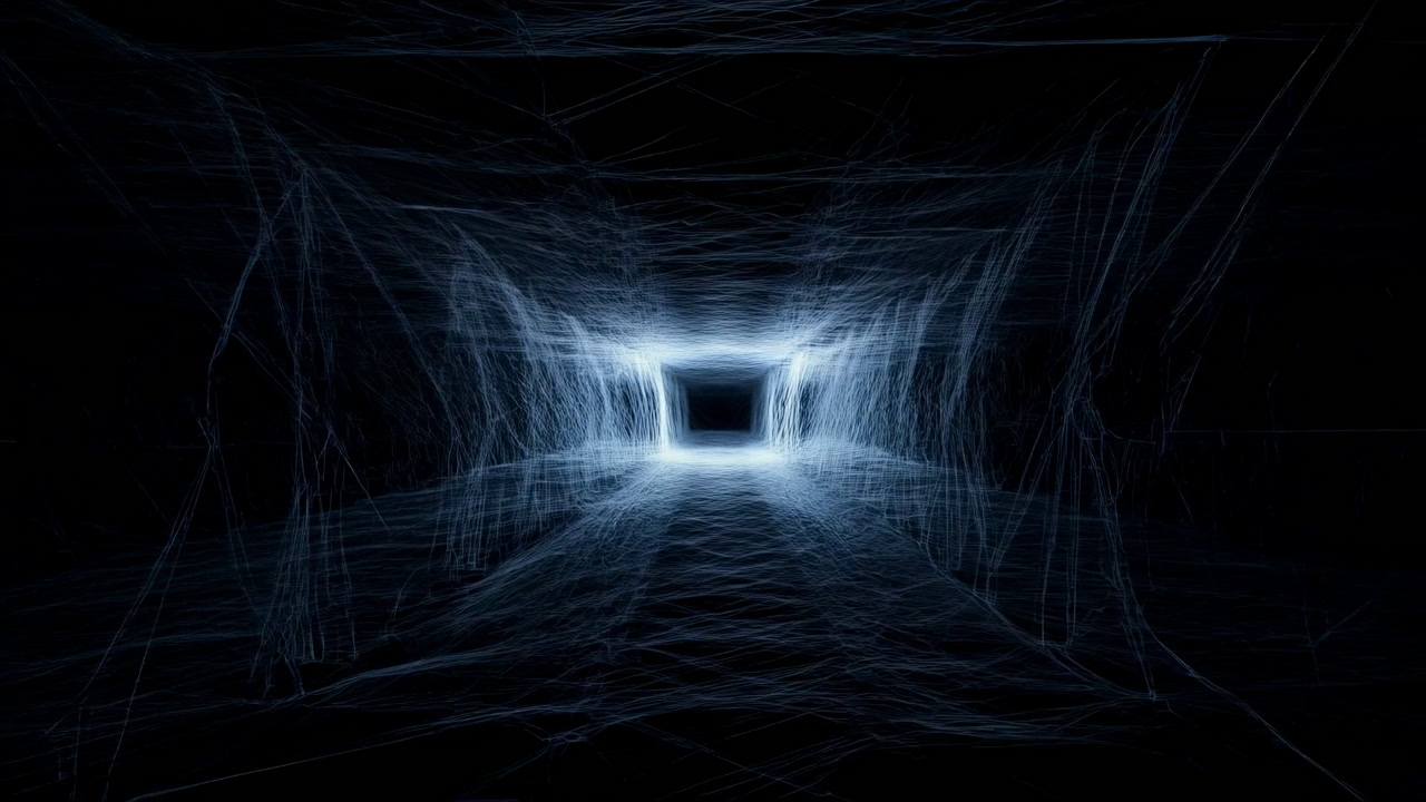 Dark Rectangular Corridor Glowing Frame Of Filaments, Ethereal Threads Weave Into Boxy Portal, Electric Blue