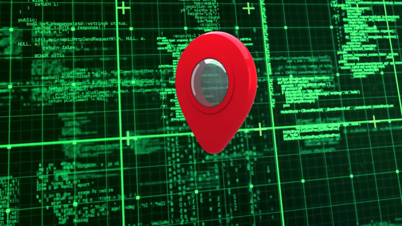Animation of red location pin over digital grid with green coding in background