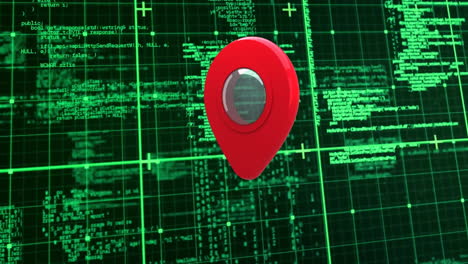 animation of red location pin over digital grid with green coding in background