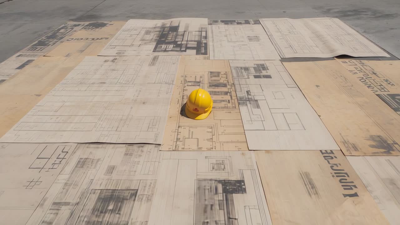 Starting camera push moving forward toward center yellow hard hat on paved work area, showing plans