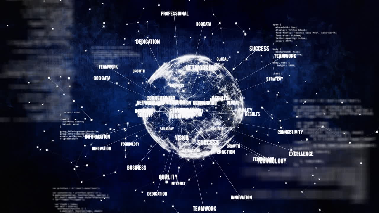 Animation of globe with network of connections and business text and data processing