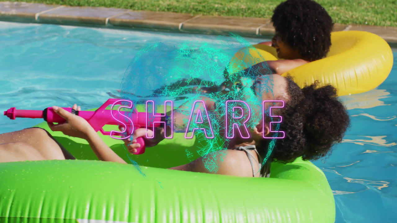 People relaxing on pool floats with SHARE text and blue animation overlay
