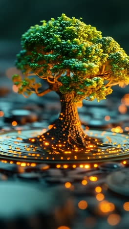 tree shines with night coins. a tree rises from glowing coins in a dimly lit, mystical setting, showcasing nature's resilience.
