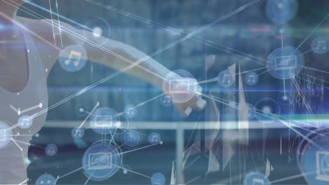 animation of network of connections over caucasian female consultant working in laboratory