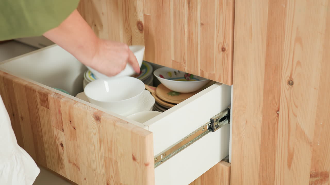 Chef opens wooden kitchen drawer, selects small glass plate from neatly arranged dishes, places it on counter, and gently closes drawer. Bright, organized kitchen