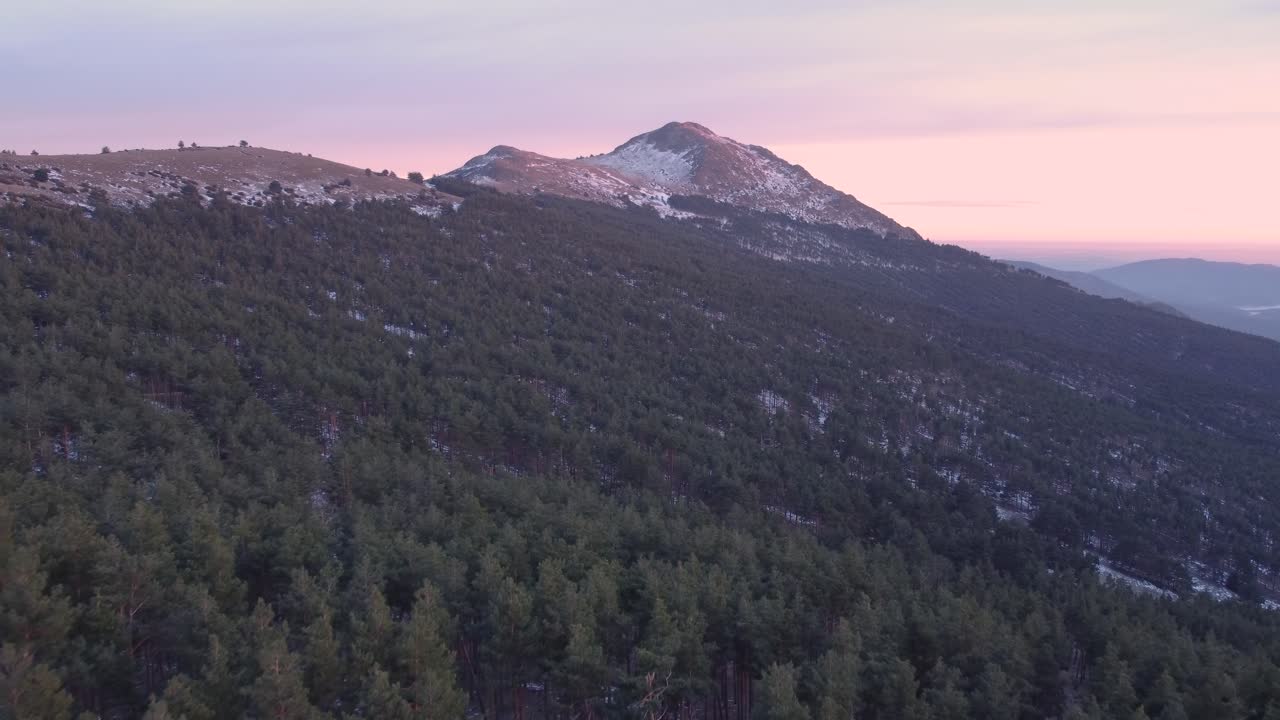vista aérea volando sobre pinos hacia adelante durante la puesta de sol en invierno con nieve en los picos de las montañas en madrid, españa