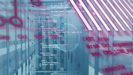 Animation of statistical data processing against light trails over computer server room