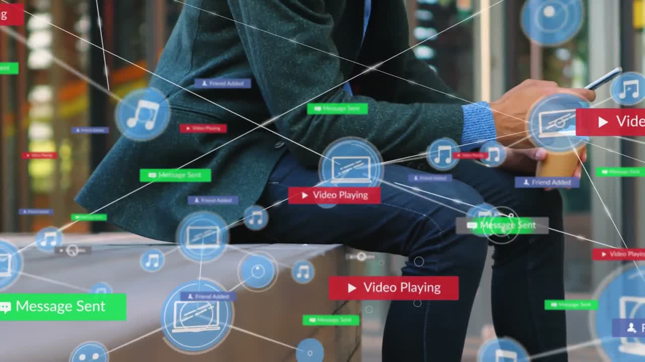 스마트 폰을 사용하여 사람 위의 아이콘과 연결 네트워크의 애니메이션