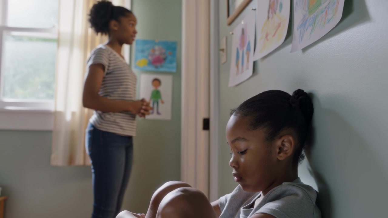 Shifting, speaking, teen in striped top talking to seated child curled in lit room with art