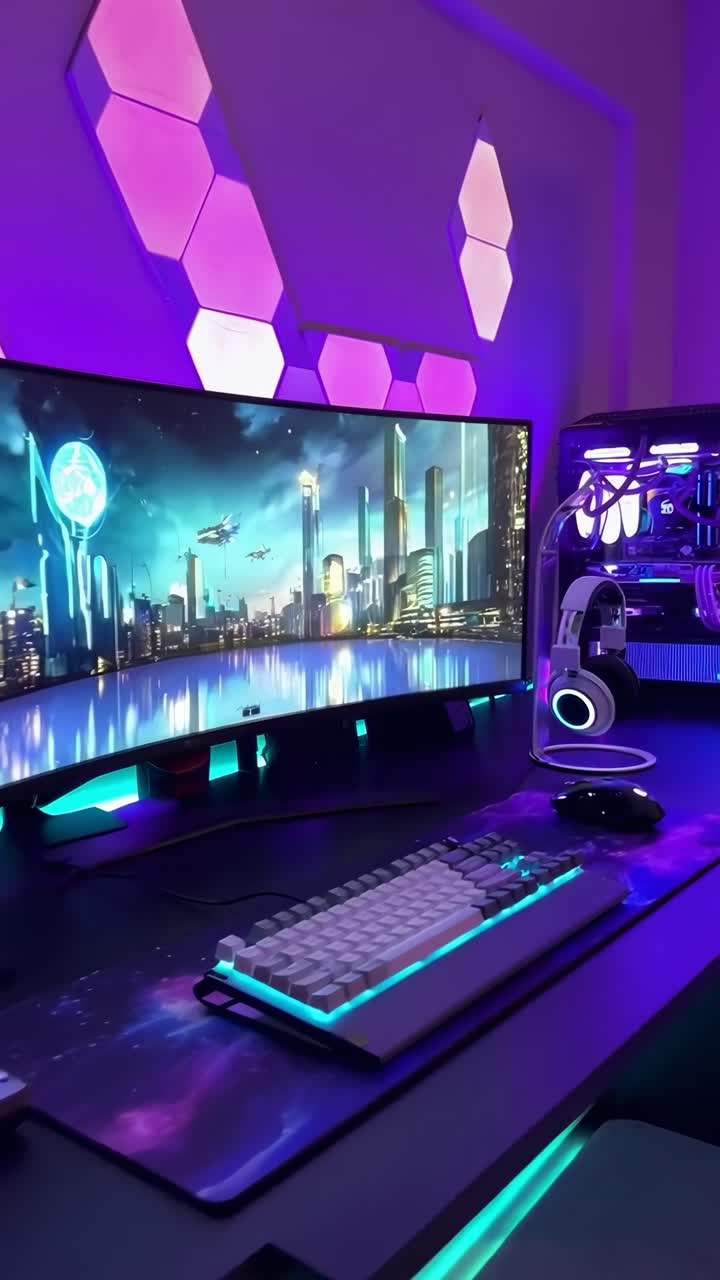 Futuristic gaming setup with neon lights, wide-angle view, perfect for video content