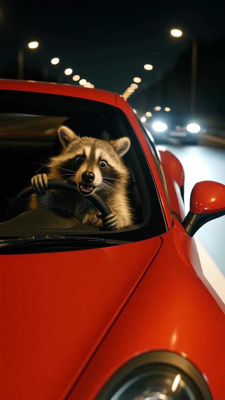 Simpatico procione che guida un'auto sportiva rossa di notte