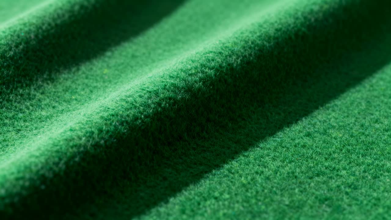 Moving macro lens revealing emerald-green textile at studio closeup, exploring fibrils and ridges
