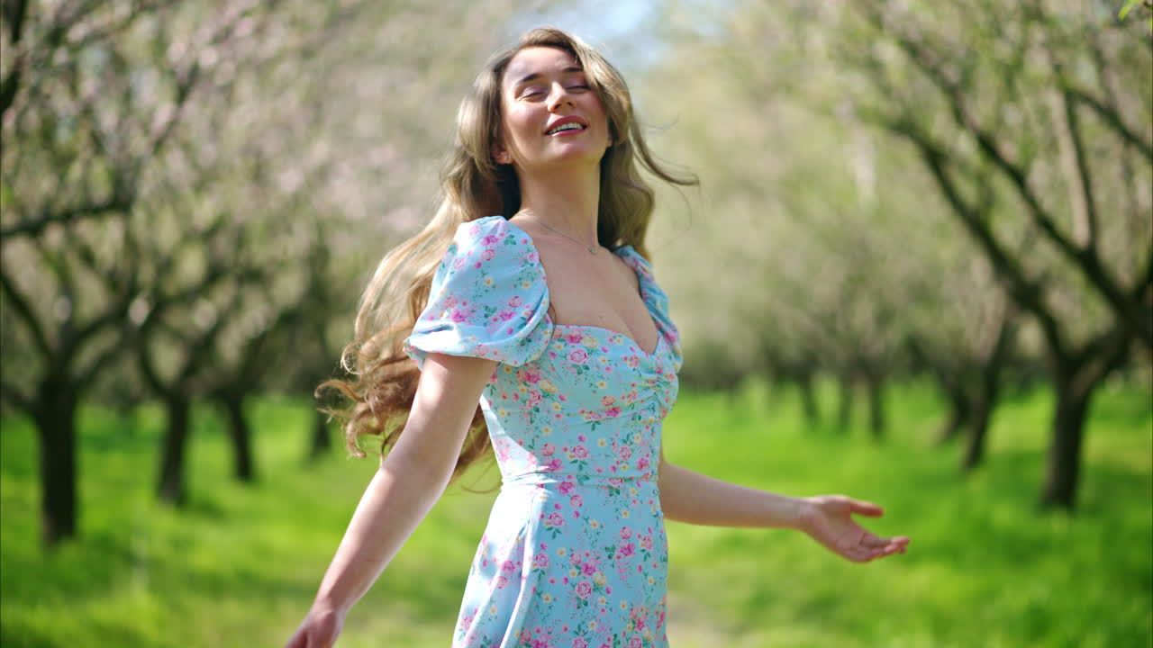 Brunette woman in a blue dress spinning around in a field of blooming almond trees