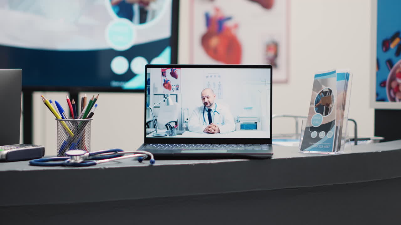 Doctor talking on videocall in reception