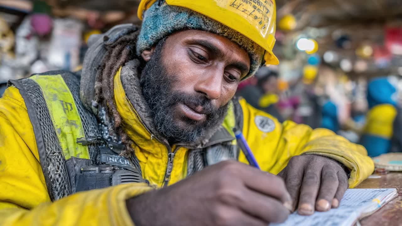 Engageret arbejder i sikkerhedsudstyr, der tager noter i et travlt miljø og viser fokus og beslutsomhed midt i en byggeplads
