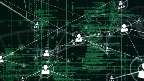 Animation of network of profile icons and data processing over grid network on black background