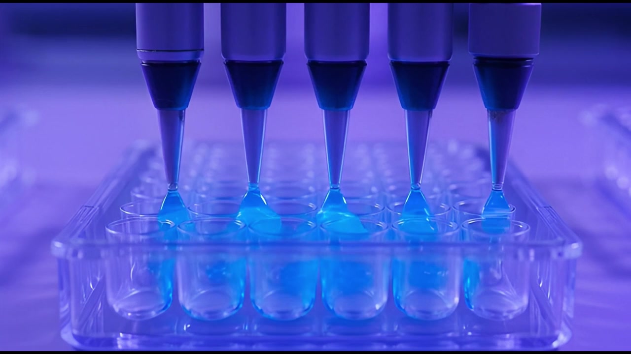 Precision Robotic Arm Pipetting Liquid into Microplate in Laboratory