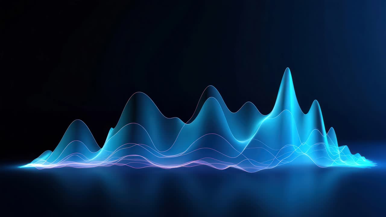 Abstract digital waves in neon blue and purple hues, captured from a low-angle perspective