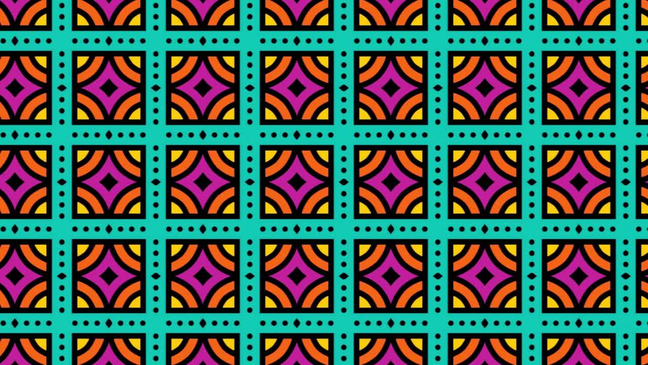 un patrón de mosaico sin costuras con adornos coloridos que brillan con animaciones coloridas con formas circulares y cuadradas