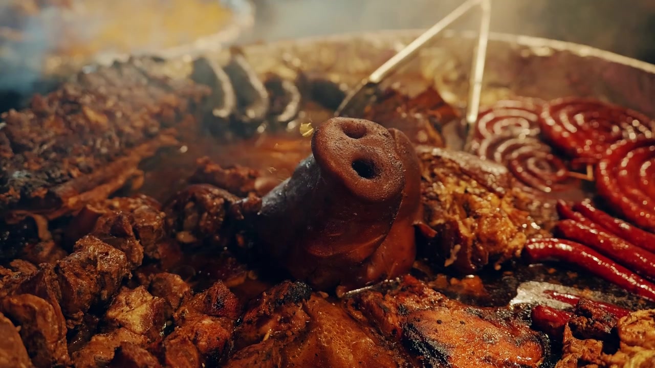 Authentic Latvian Christmas Market Roasted Pork and Sausages in Old Riga Night