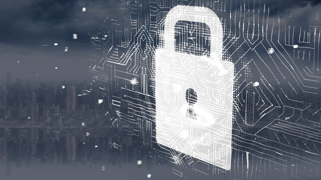 animatie van hangslot en gegevensverwerking over het stadsbeeld